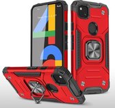 Voor Google Pixel 4a magnetisch pantser schokbestendig TPU + pc-hoesje met metalen ringhouder (rood)