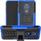 Voor Motorola Moto G Play (2021) Bandentextuur Schokbestendig TPU + pc-beschermhoes met houder (blauw)