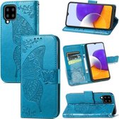 Voor Samsung Galaxy A22 4G Vlinder Liefde Bloemen Reliëf Horizontale Flip Lederen Case met Houder & Kaartsleuven & Portemonnee & Lanyard (Blauw)