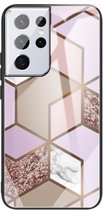 Voor Samsung Galaxy S21 Ultra 5G Abstract Marble Pattern Glass beschermhoes (Rhombus Orange Purple)