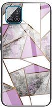 Voor Samsung Galaxy A42 5G Abstract Marble Pattern Glass beschermhoes (Rhombus Grey Purple)