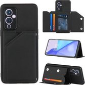 Voor OnePlus 9 Skin Feel PU + TPU + PC Achterkant Schokbestendig hoesje met kaartsleuven & houder & fotolijst (zwart)