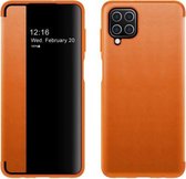Voor Samsung Galaxy A12 Magnetische zijruitweergave schokbestendige horizontale flip lederen tas (oranje)