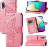 Voor Samsung Galaxy A02 Vlinder Liefde Bloem Reliëf Horizontale Flip Leren Case met Beugel & Kaartsleuf & Portemonnee & Lanyard (Roze)