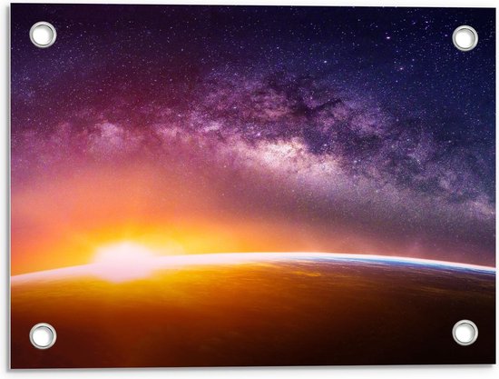 Tuinposter – Opkomende Zon bij Aarde in de Ruimte - 40x30cm Foto op Tuinposter  (wanddecoratie voor buiten en binnen)