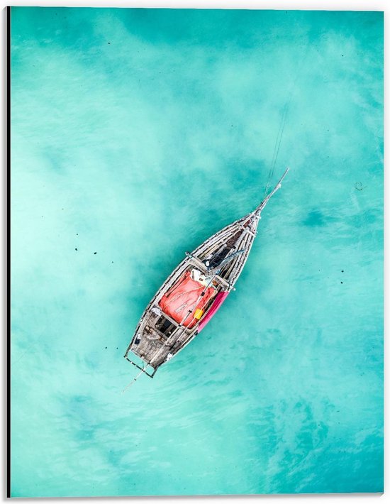 Dibond - Tropisch Blauwe Zee met Boot Bovenaanzicht - 30x40cm Foto op Aluminium (Wanddecoratie van metaal)