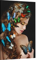 Vrouw met vlinders - Foto op Canvas - 100 x 150 cm