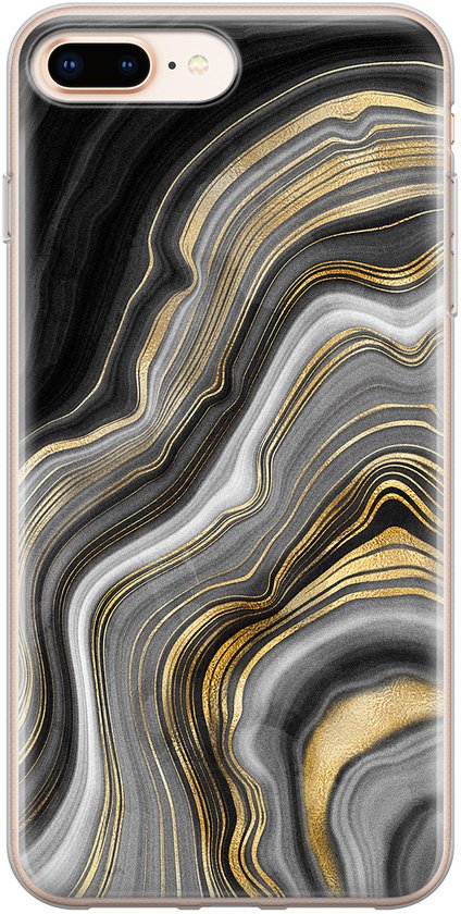 Coque pour iPhone 8 Plus avec motif agate marbré noir, gris, blanc et or.