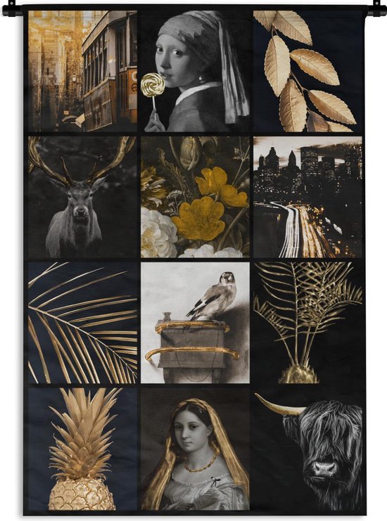 Wandkleed - Wanddoek - Collage - Goud - Kunst - Bloemen - 90x135 cm - Wandtapijt
