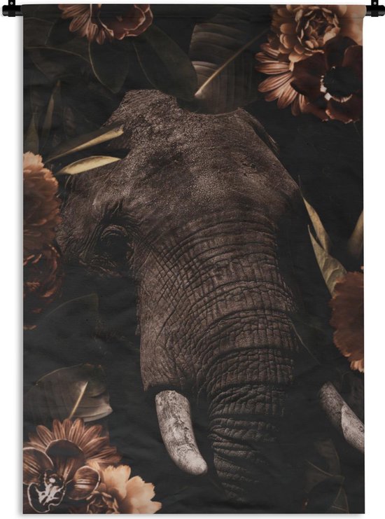 Wandkleed - Wanddoek - Olifant - Bloemen - Jungle - 60x90 cm - Wandtapijt