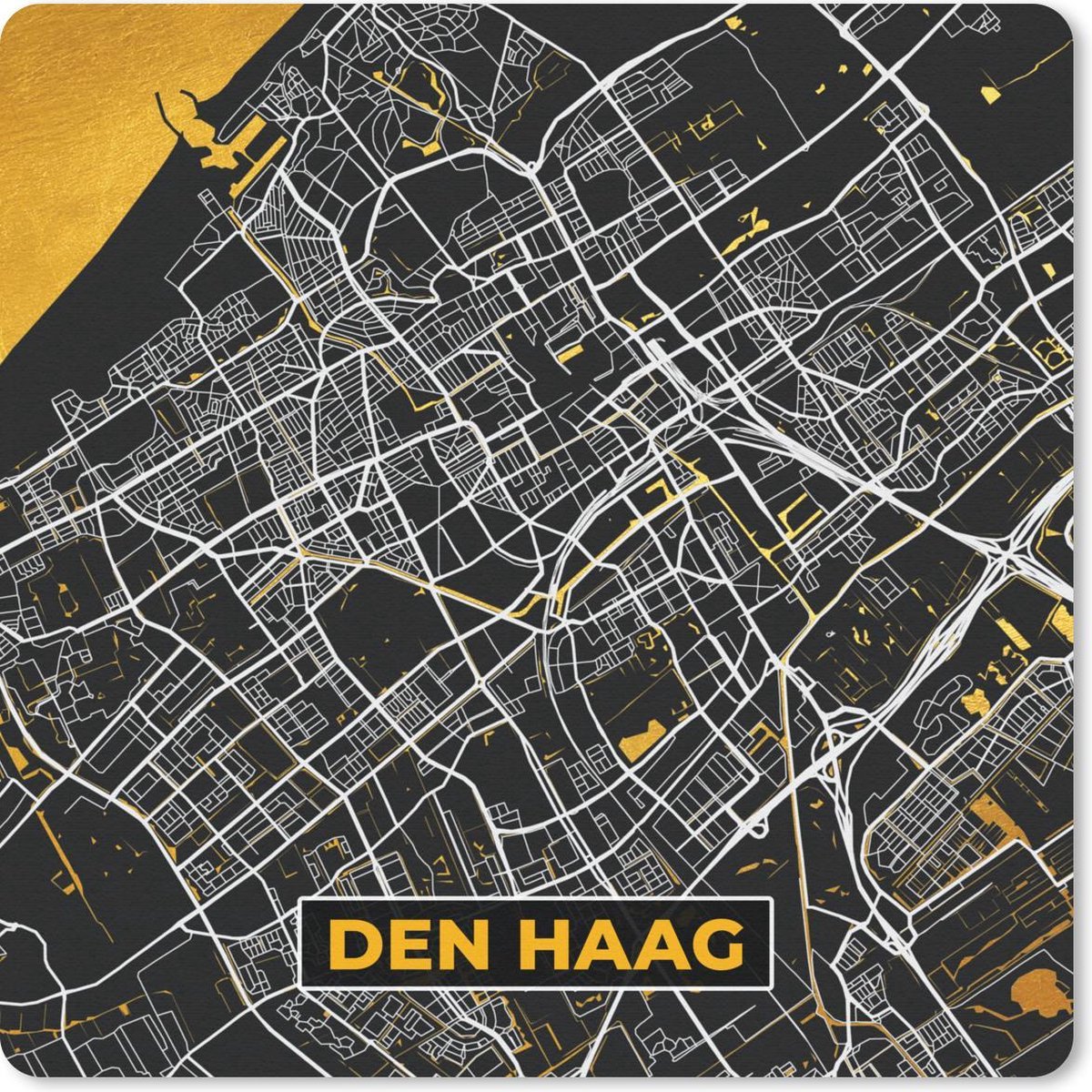 Muismat 30x30 cm - Mousepad Plattegrond - Den Haag - Goud - Zwart - Muismatten - Stadskaart