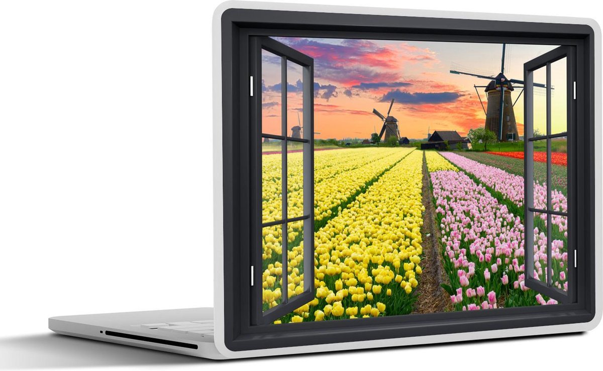 Laptop sticker - 17.3 inch - Doorkijk - Tulpen - Zonsondergang - 40x30cm - Laptopstickers - Laptop skin - Cover