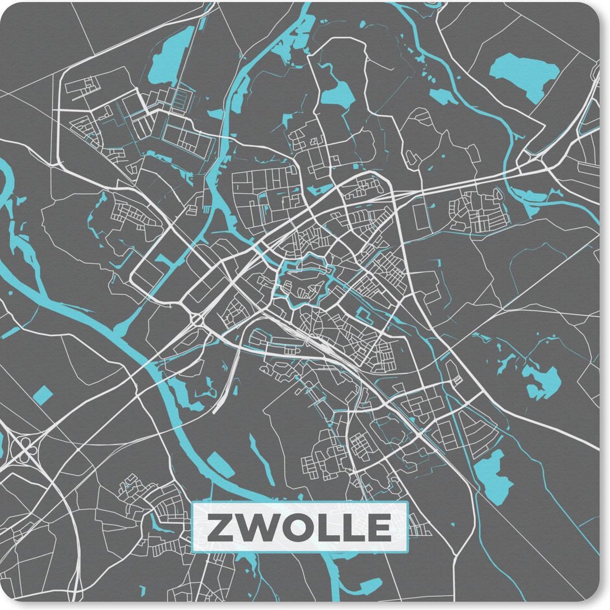 Muismat 20x20 cm - Mousepad Plattegrond - Zwolle - Grijs - Blauw - Muismatten - Stadskaart