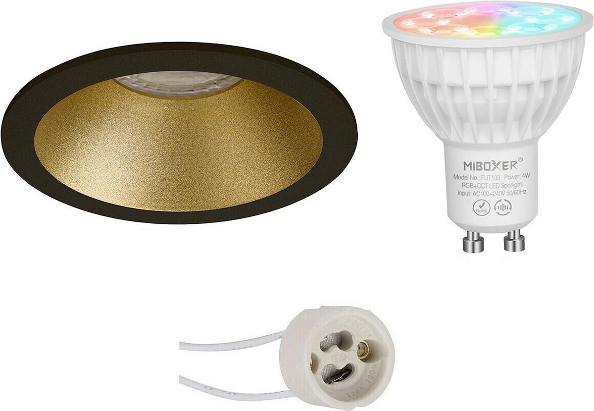 Mi-Light MiBoxer - LED Spot Set GU10 - Smart LED - Wifi LED - Slimme LED - 4W - RGB+CCT - Aanpasbare Kleur - Dimbaar - Proma Pollon Pro - Inbouw Rond - Mat Zwart/Goud - Verdiept - Ø82mm