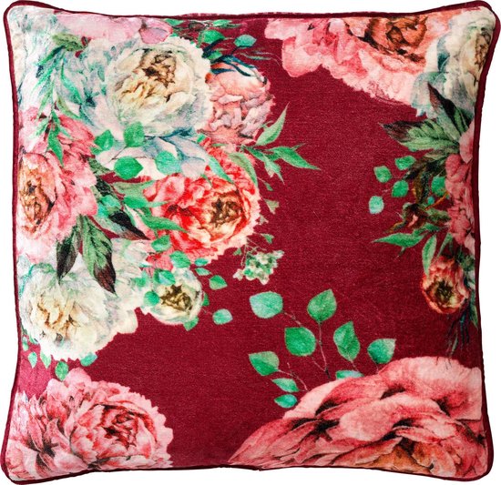 Dutch Decor MINOU - Sierkussen 45x45 cm - velvet - bloemen - red plum - roze - rood - groen - streepjes - Inclusief binnenkussen