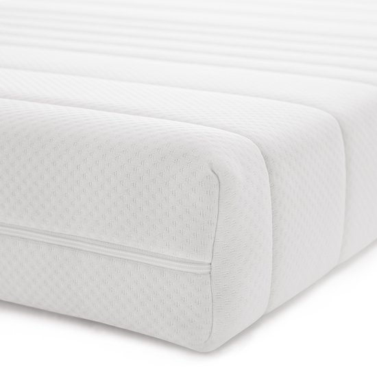 Wit matras met horizontale lijnen, kleine rits en getextureerd oppervlak.