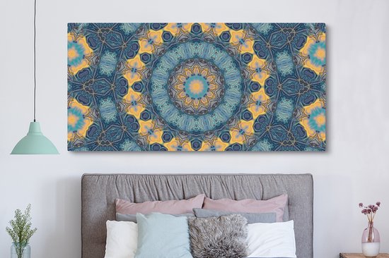 Canvas schilderij 160x80 cm - Wanddecoratie Cirkel - Blauw - Mandala - Muurdecoratie woonkamer - Slaapkamer decoratie - Kamer accessoires - Schilderijen op canvas