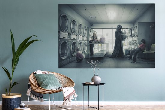 Canvas schilderij 180x120 cm - Wanddecoratie Absurde Magere Hein in de wasserette - Muurdecoratie woonkamer - Slaapkamer decoratie - Kamer accessoires - Schilderijen