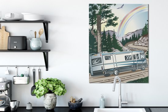 Peintures sur toile - Illustration d'un camping-car sur une route de montagne - 60x80 cm - Décoration murale