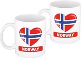 2x stuks hartje vlag Noorwegen mok / beker 300 ml - Landen supporters vlag feestartikelen