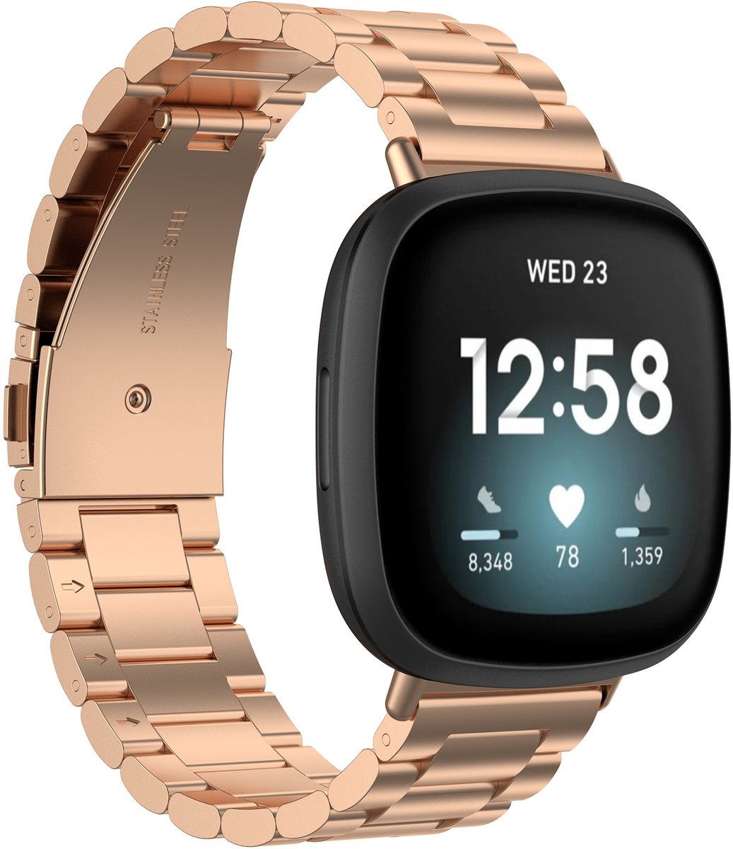 Versa 3 / Sense kralen stalen schakel band - rose goud - Geschikt voor Fitbit - - Horlogeband Armband Polsband