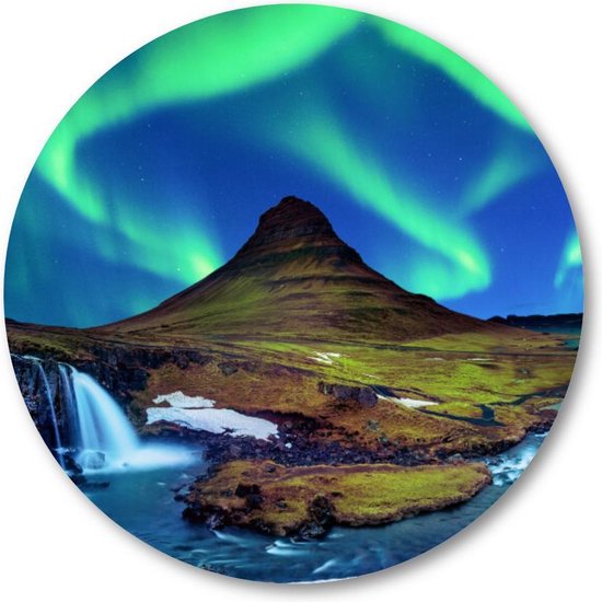 Noorderlicht - bij Kirkjufell in IJsland - Muurcirkel Forex 80cm | Wandcirkel voor binnen - Landschap - Sterren - Natuur