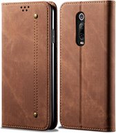 Voor xiaomi mi 9t pro / redmi k20 pro denim textuur casual stijl horizontale flip lederen case met houder & kaartsleuven & portemonnee (bruin)