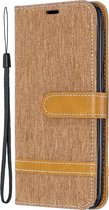 Kleurafstemming Denim Texture Leather Case voor Samsung Galaxy A20E, met houder & kaartsleuven & portemonnee & lanyard (bruin)