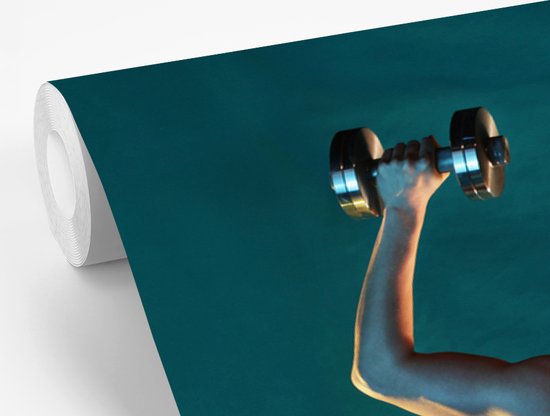 Papier peint Papier peint photo en vinyle - Une femme tient deux poids pendant le fitness largeur 390 cm x hauteur 260 cm - Tirage photo sur papier peint (disponible en 7 tailles)