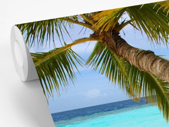 Papier peint Papier peint photo en vinyle - Un hamac est fixé sur deux palmiers largeur 450 cm x hauteur 300 cm - Tirage photo sur papier peint (disponible en 7 tailles) / Mer et plage
