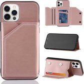 Skin Feel PU + TPU + PC Achterkant Schokbestendige hoes met kaartsleuven & houder & fotolijst voor iPhone 12 Pro Max (roségoud)