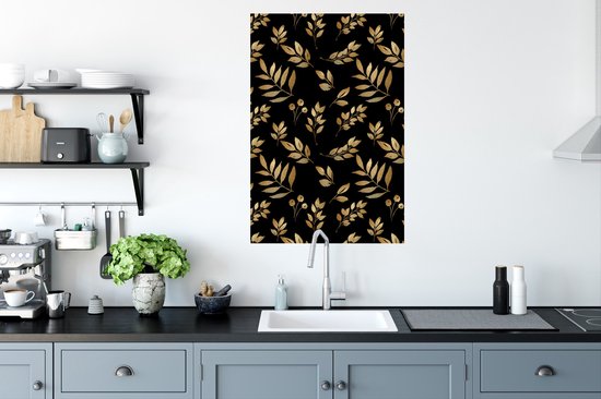 Sticker Muursticker Feuilles dorées/roses - Motif de branches avec feuilles et baies dorées sur fond noir - 60x90 cm - Film adhésif autocollant - Sticker mural repositionnable