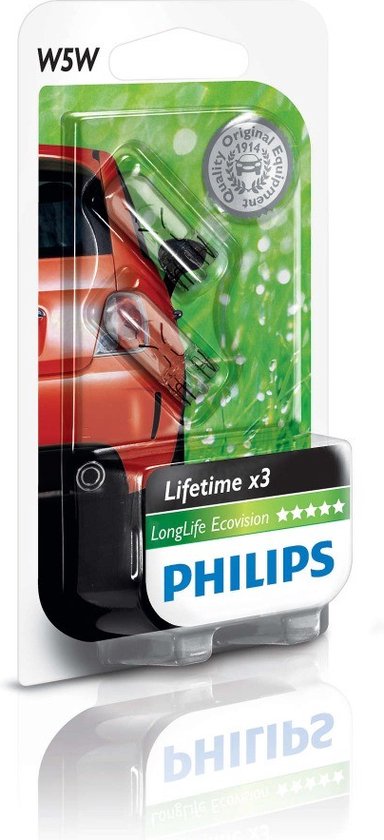 Philips W5W LongLife EcoVision autolampen in verpakking met auto-achterlicht.