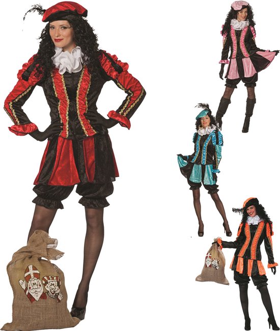 Collage van vrouwen in Pietenpakken in rood/zwart, roze/zwart en blauw/zwart.