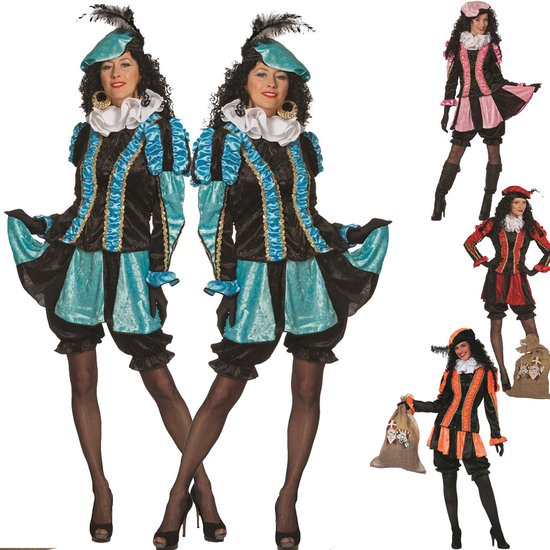 Twee modellen in een aquakleurig Pietenpak. Collage van verschillende Pieten kostuums: roze, rood en oranje.