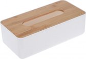 Tissuedoos/tissuebox rechthoekig van kunststof met bovenkant van bamboe hout 26 x 13 cm wit