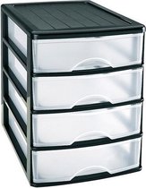 Caisson/organisateur de bureau avec 4x tiroirs noir/transparent - L35,5 x l27 x H35 - Rangement/tiroirs de rangement