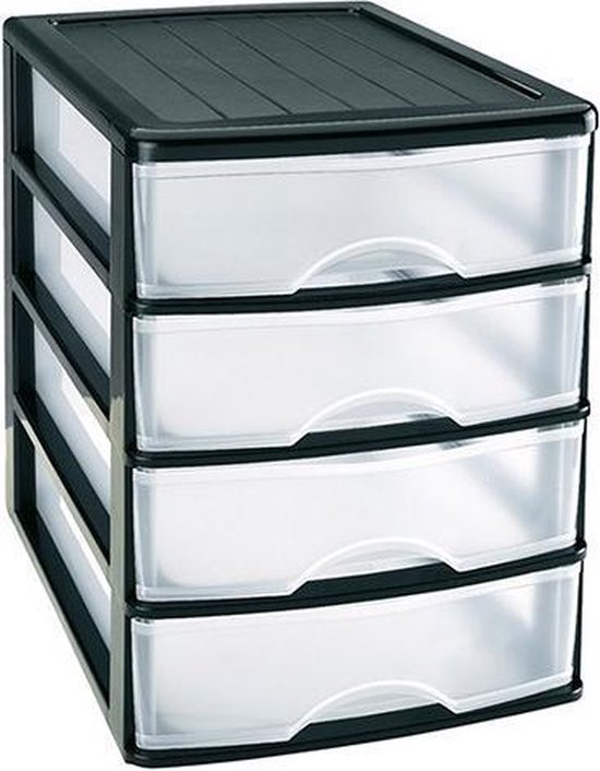 Ladeblok/bureau organizer met 4x lades zwart/transparant - L35,5 x B27 x H35 - Opruimen/opbergen laatjes