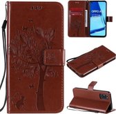 Voor Oppo A52 / A72 / A92 Boom & Kat Reliëfpatroon Horizontale Flip Leren Case met Houder & Kaartsleuven & Portemonnee & Lanyard (Koffie)