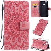 Voor OPPO A5 / A35 Geperst Afdrukken Zonnebloempatroon Horizontale Flip PU Lederen Case met Houder & Kaartsleuven & Portemonnee & Lanyard (Roze)