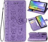 Voor Huawei Y6P Mooie Kat en Hond Embossing Patroon Horizontale Flip Leren Case, met Houder & Kaartsleuven & Portemonnee & Cartoon Sluiting & Lanyard (Paars)