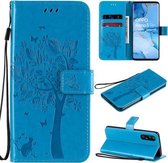 Voor Oppo Reno3 Pro 5G / Find X2 Neo Tree & Cat Reliëfpatroon Horizontale Flip lederen tas met houder & kaartsleuven & portemonnee & lanyard (blauw)