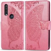 Voor Motorola One Action Butterfly Love Flower Reliëf Horizontale Flip Leather Case met Bracket Lanyard Card Slot Wallet (Pink)
