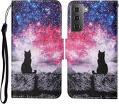 Voor Samsung Galaxy S21 + 5G Gekleurde Tekening Patroon Horizontale Flip Leren Case met Houder & Kaartsleuven & Portemonnee & Lanyard (Starry Cat)