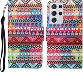 Voor Samsung Galaxy S21 Ultra 5G Gekleurde tekening patroon Horizontale flip lederen tas met houder & kaartsleuven & portemonnee & lanyard (tribale etnische stijl)