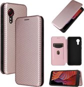 Voor Samsung Galaxy Xcover 5 Carbon Fiber Texture Magnetische Horizontale Flip TPU + PC + PU Leather Case met Card Slot (Pink)