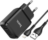 hoco N7 Speedy Dual Ports USB-oplader met USB naar 8-pins datakabel, EU-stekker (zwart)