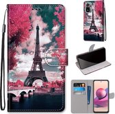 Voor Xiaomi Redmi Note 10 4G / Note 10s Gekleurde tekening Cross Texture Horizontale Flip PU lederen tas met houder & kaartsleuven & portemonnee & lanyard (Pink Flower Tower Bridge)