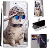 Gekleurde tekening Cross Texture Horizontale Flip PU lederen tas met houder & kaartsleuven & portemonnee & lanyard voor iPhone XR (Slant Hat Blue Mirror Cat)