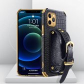 Gegalvaniseerde TPU-lederen tas met krokodillenpatroon met polsband voor iPhone 11 Pro (zwart)